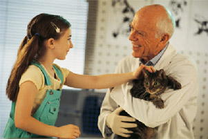 senior male veterinarian holding cat for child to pet